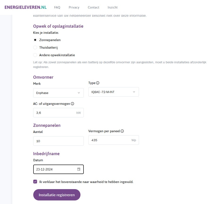 Gegevens zonnepanelen energieleveren