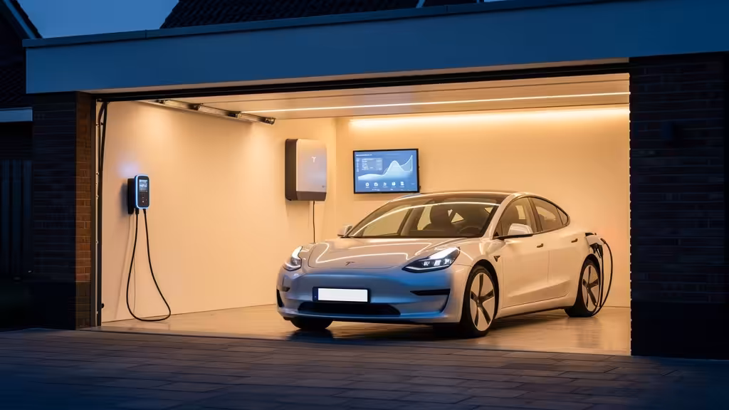 Een moderne thuisgarage in de schemering met een elektrische auto aan een slimme laadpaal, een thuisbatterij aan de muur en een digitaal energiedashboard