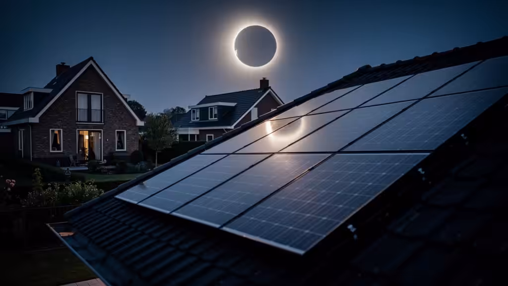Een dramatische zonsverduistering boven een Nederlands woonhuis met zonnepanelen op het dak. De avondzon staat laag en wordt gedeeltelijk geblokkeerd door de maan, met een sfeervolle gouden gloed over de wijk. Fotorealistisch, redactionele stijl.