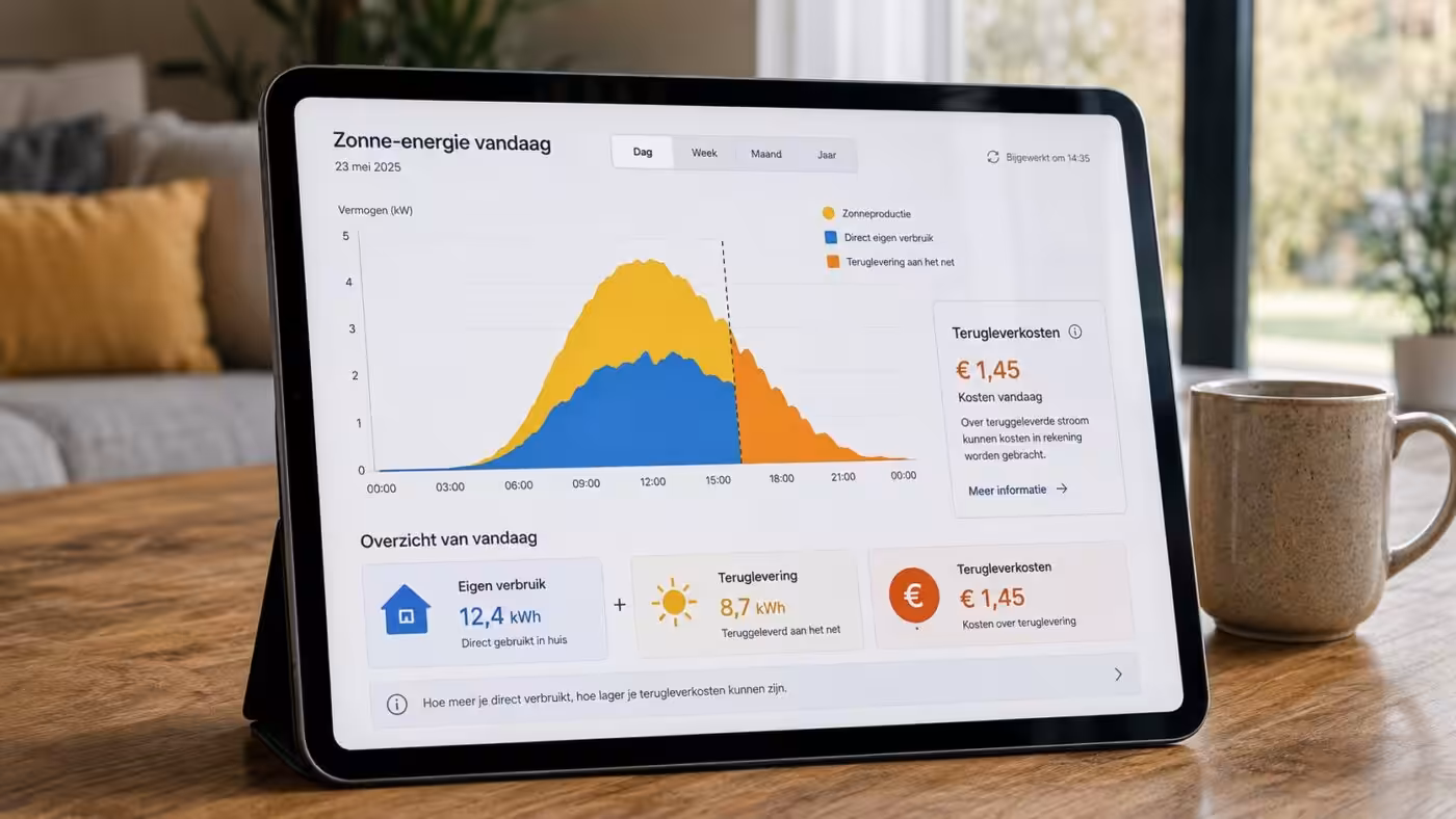 terugleverkosten zonnepanelen energieoverzicht op tablet